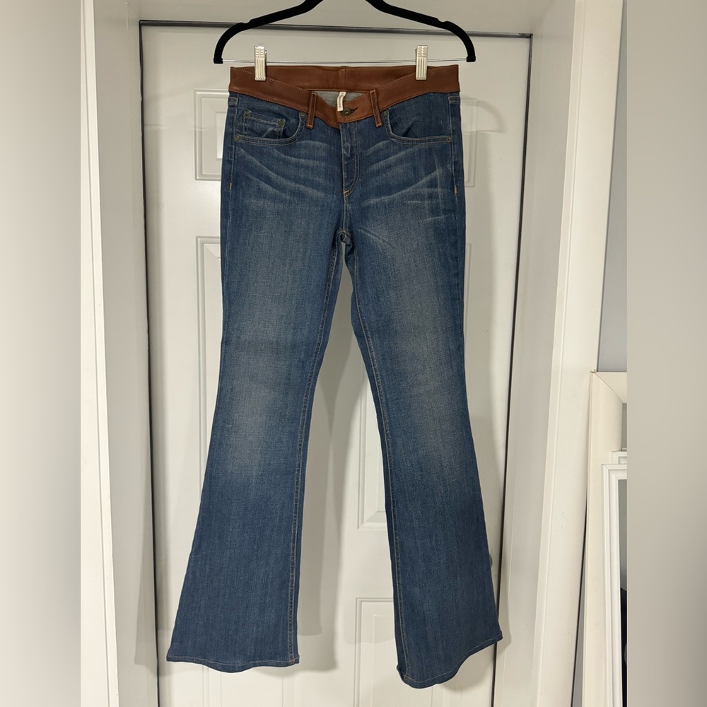 RAG & BONE VINTAGE WOMEN LEATHER WAISTBAND ELEPHANT BELL JEANS, SIZE 28
